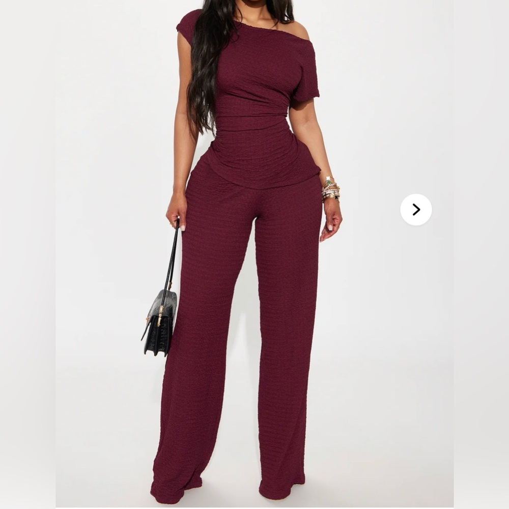 Fashion Nova Burgundy One-Shoulder Jumpsuit
